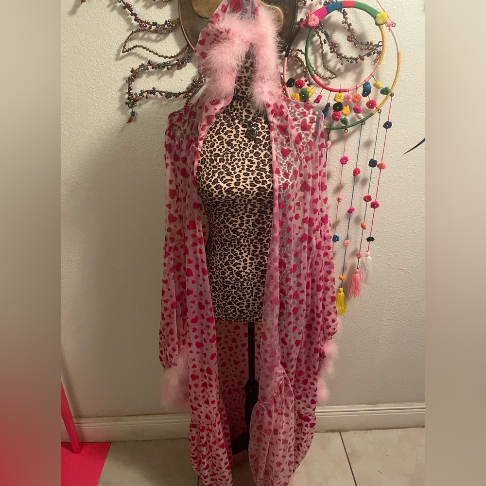 Sugar Thrillz Pink Heart Sheer Hooded Robe with Marabou Trim